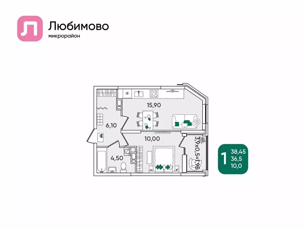 1-комнатная квартира: Краснодар, микрорайон Любимово, 16 (38.45 м) - Фото 0