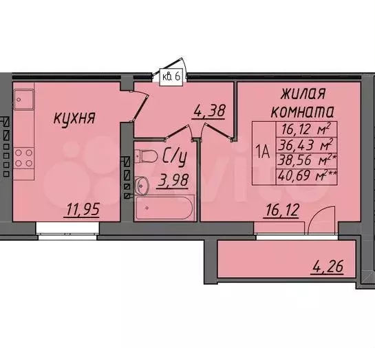 1-к. квартира, 38.6 м, 2/3 эт. - Фото 1