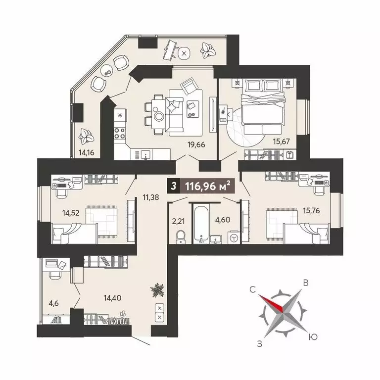 Квартира, 3 комнаты, 116.96 м - Фото 1