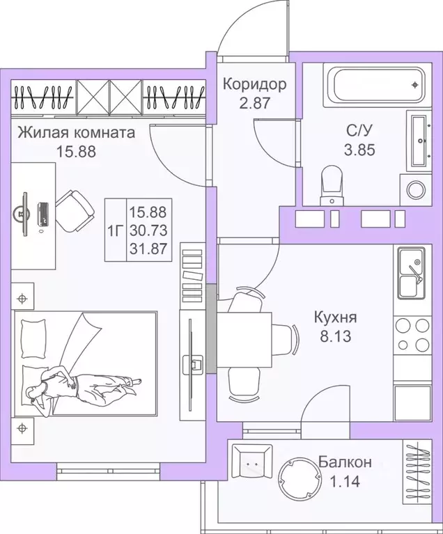 1-к кв. Татарстан, Казань Светлая Долина жилой комплекс, 3 (31.8 м) - Фото 0