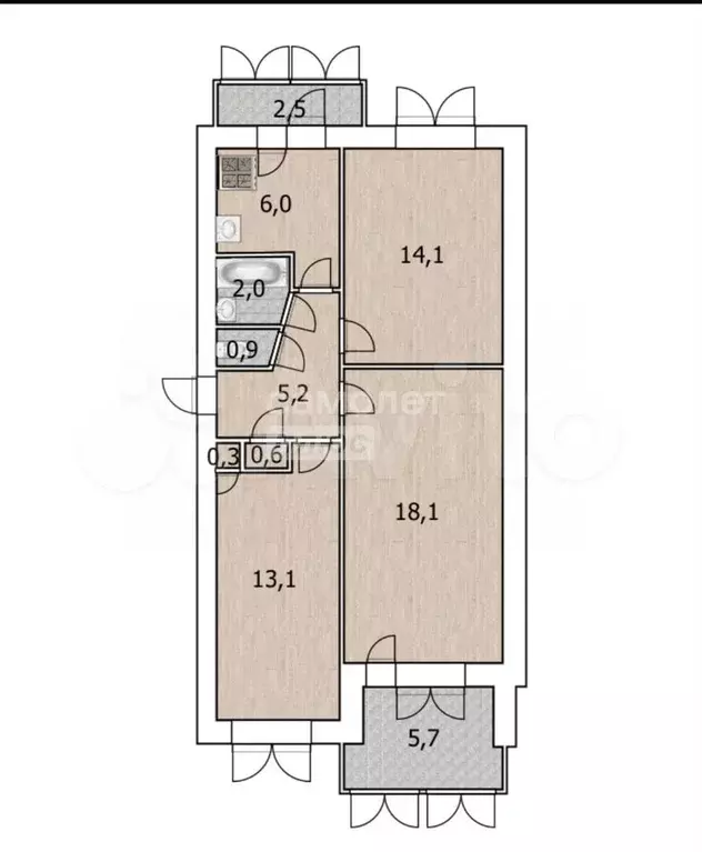 3-к. квартира, 60,4 м, 4/5 эт. - Фото 1