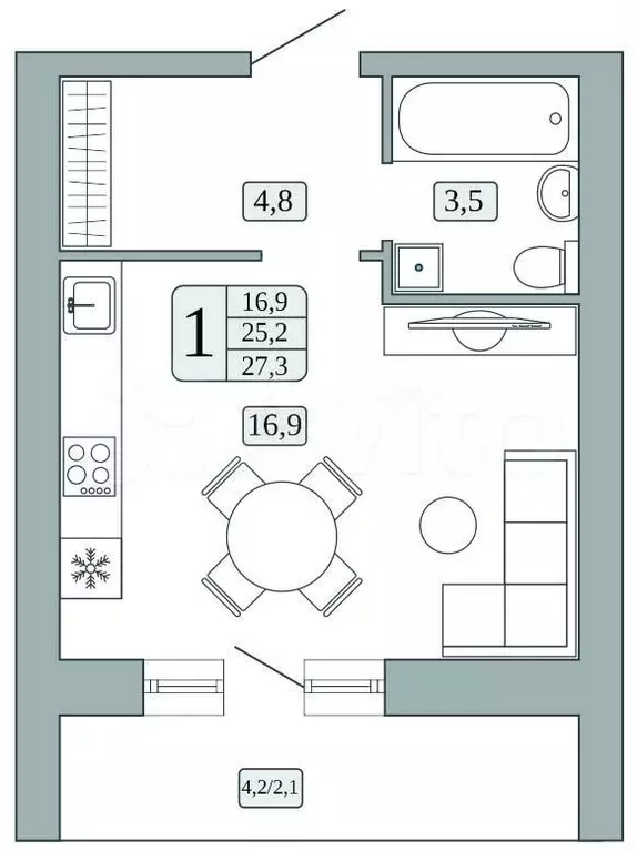 Квартира-студия, 25,2 м, 5/9 эт. - Фото 0