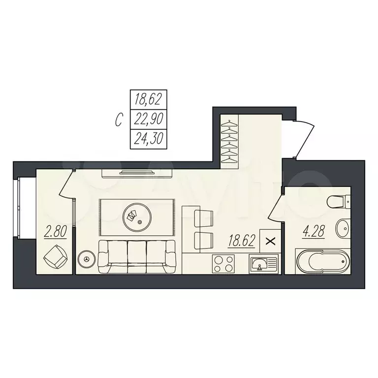 Квартира-студия, 24,3 м, 1/10 эт. - Фото 0