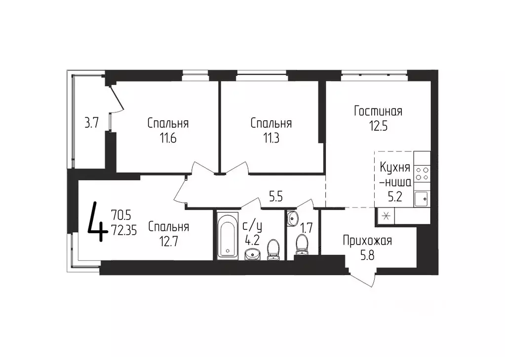 3-к кв. Башкортостан, Уфа ул. Бородинская, 19 (72.35 м) - Фото 1