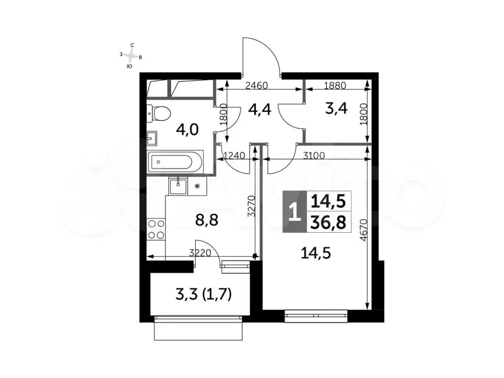 1-к. квартира, 36,8 м, 13/16 эт. - Фото 0