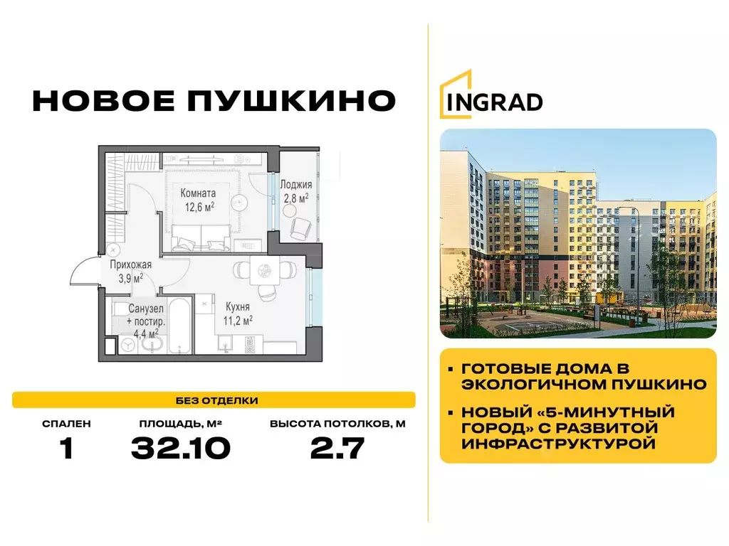 1-к кв. Московская область, Пушкино ул. Антона Ветчинова, 3к1 (32.1 м) - Фото 1