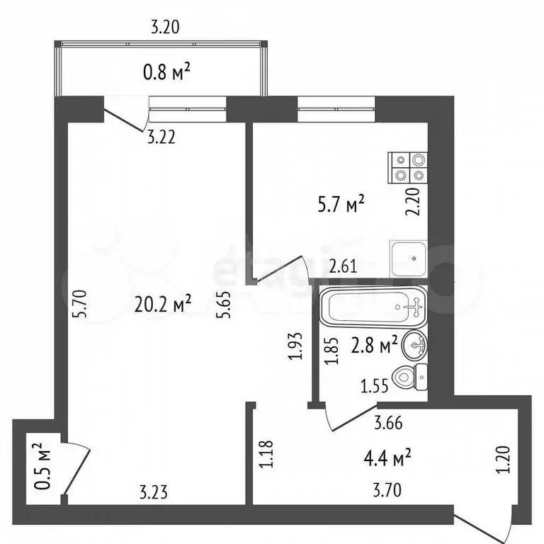 1-к. квартира, 33,6 м, 3/3 эт. - Фото 0