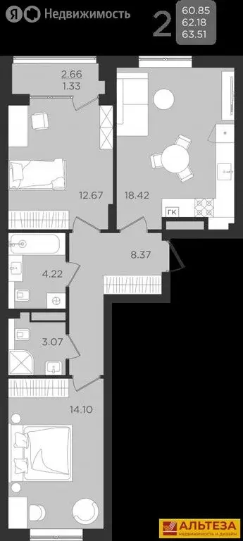 2-комнатная квартира: Калининград, улица Старшины Дадаева, 55к1 (62.32 ... - Фото 0