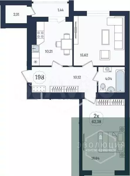 2-к. квартира, 62,4 м, 8/9 эт. - Фото 0