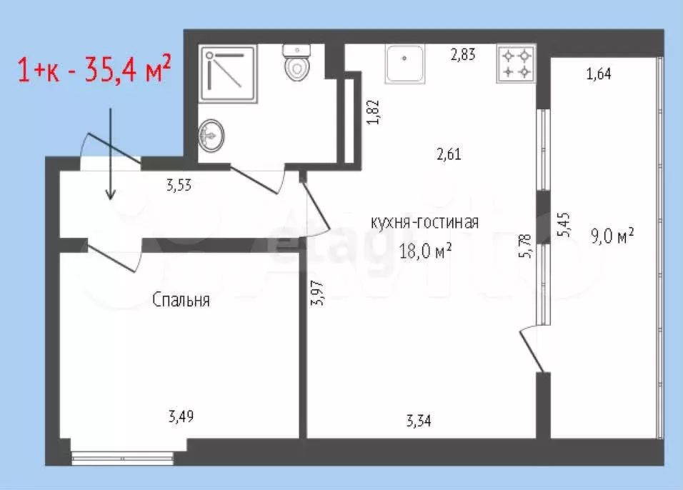 1-к. квартира, 35,4 м, 6/16 эт. - Фото 0
