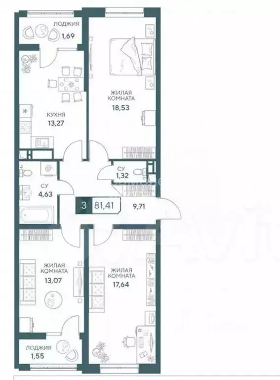 Квартира, 3 комнаты, 81.4 м - Фото 0