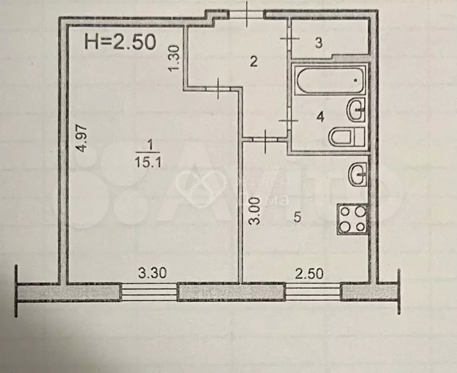 1-к. квартира, 28,1 м, 1/5 эт. - Фото 0