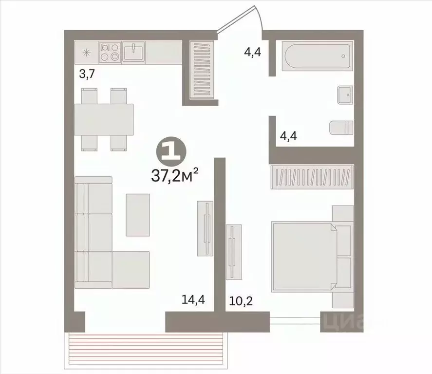 1-к кв. Новосибирская область, Новосибирск ул. Дунаевского, 14/1 (37.2 ... - Фото 1