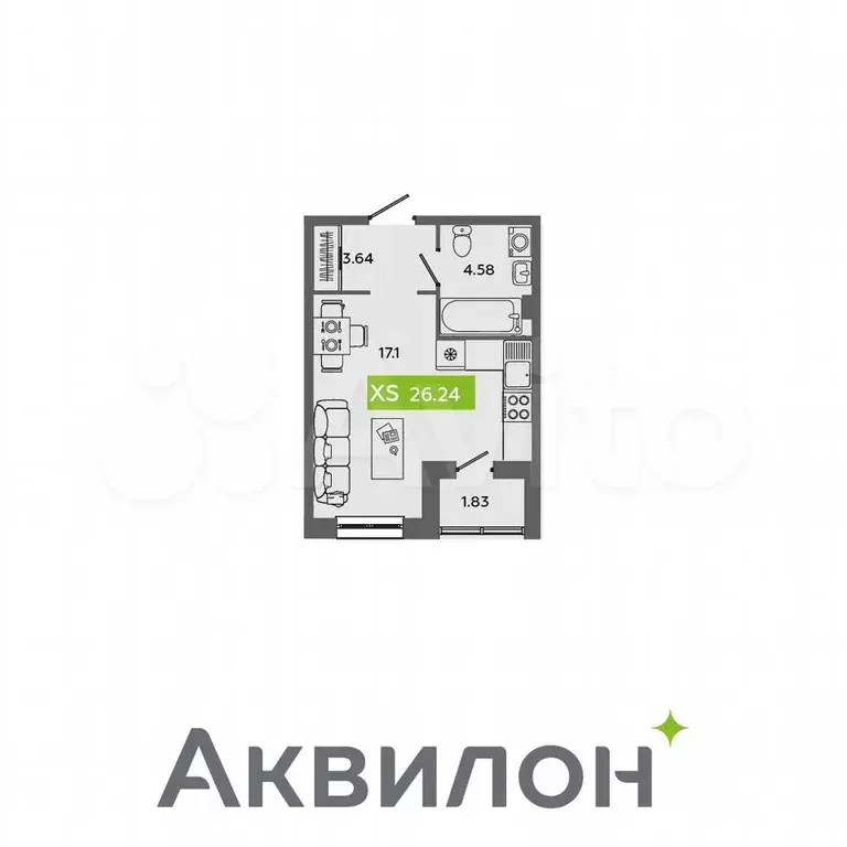 Квартира-студия, 26,2 м, 2/5 эт. - Фото 0