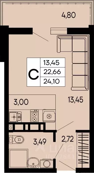 Студия Адыгея, Майкоп 9 Мая ул. (24.1 м) - Фото 1