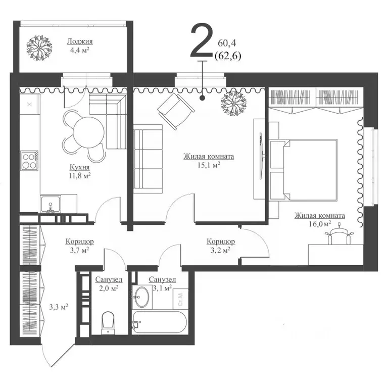 2-к кв. Татарстан, Зеленодольск Мирный мкр,  (60.5 м) - Фото 1