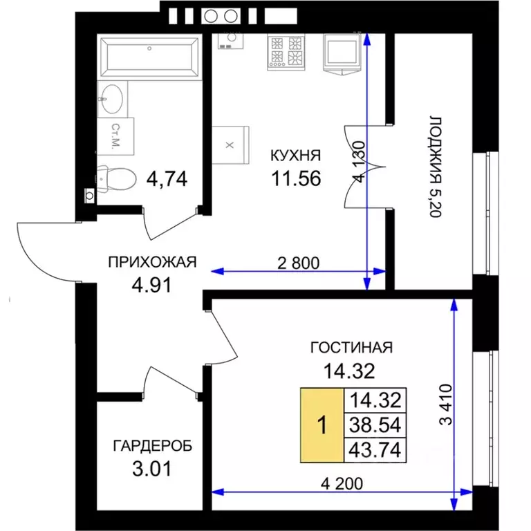 1-к кв. Калининградская область, Гурьевск Включи жилой комплекс (43.74 ... - Фото 0