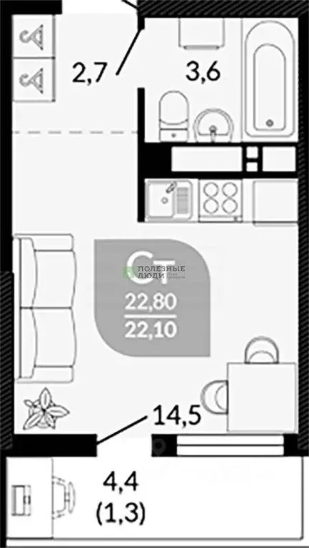 Студия Краснодарский край, Новороссийск ул. Куникова, 47Г (25.2 м) - Фото 1