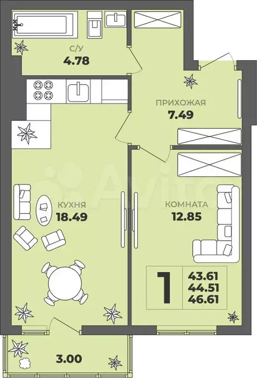 1-к. квартира, 46,6 м, 1/8 эт. - Фото 1