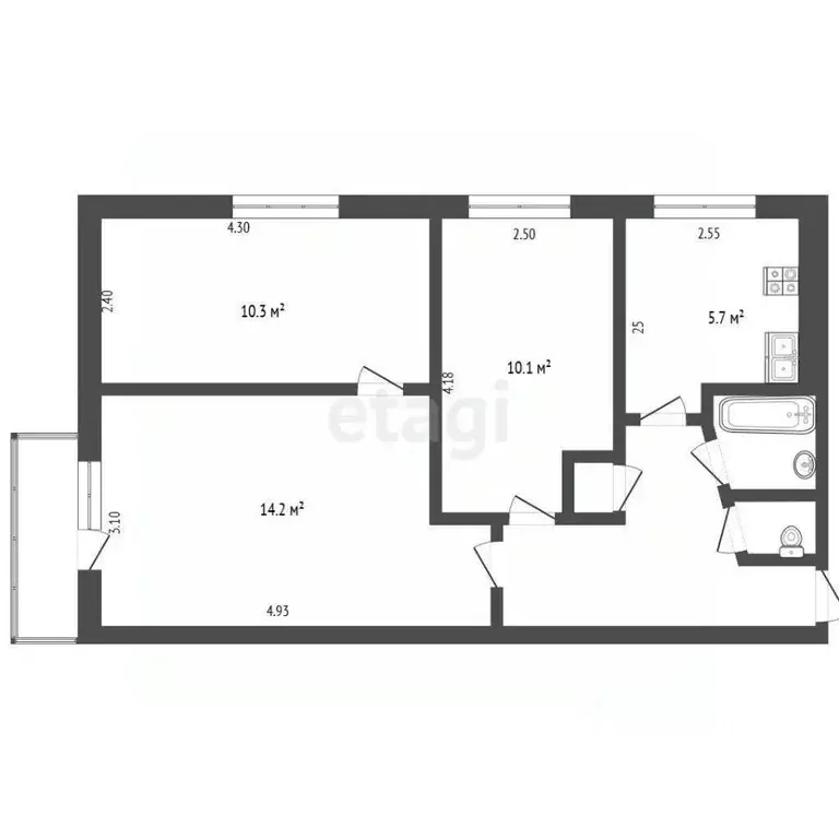 3-к кв. Белгородская область, Белгород ул. Костюкова, 3 (50.4 м) - Фото 2