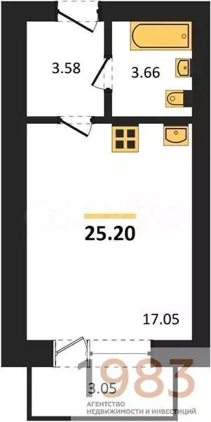 Квартира-студия, 25,2 м, 2/4 эт. - Фото 0