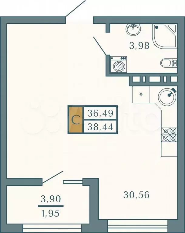 Квартира-студия, 38,4 м, 6/9 эт. - Фото 0