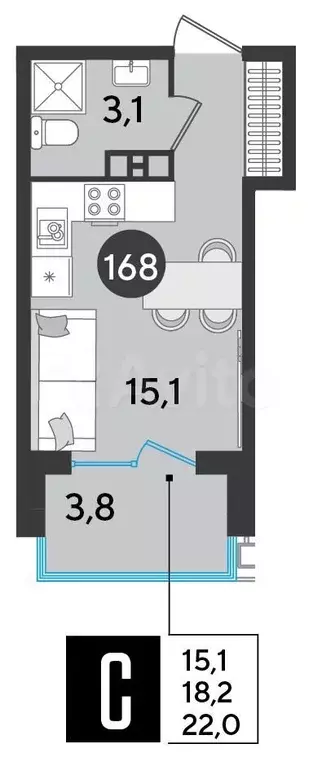 Квартира-студия, 22 м, 3/9 эт. - Фото 1