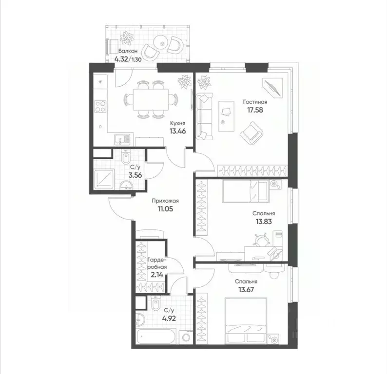 3-к кв. Татарстан, Казань ул. Гаврилова, 7к2 (75.0 м) - Фото 2