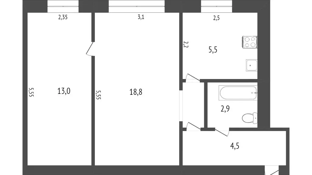 Квартира, 2 комнаты, 43.1 м - Фото 0