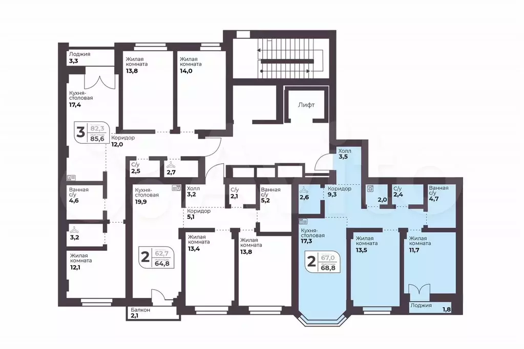 2-к. квартира, 67 м, 2/9 эт. - Фото 1
