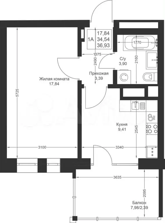 1-к. квартира, 36,9 м, 4/4 эт. - Фото 1