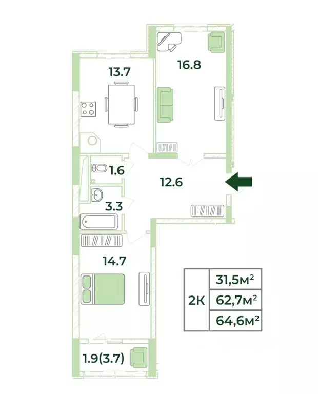 2-к кв. Крым, Симферопольский район, с. Мирное, Жигулина Роща мкр  ... - Фото 1