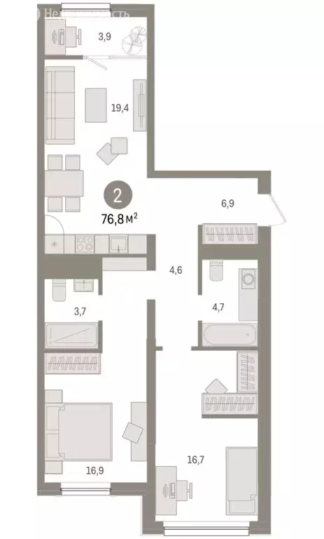 2-комнатная квартира: Тюмень, Мысовская улица, 26к1 (76.83 м) - Фото 1