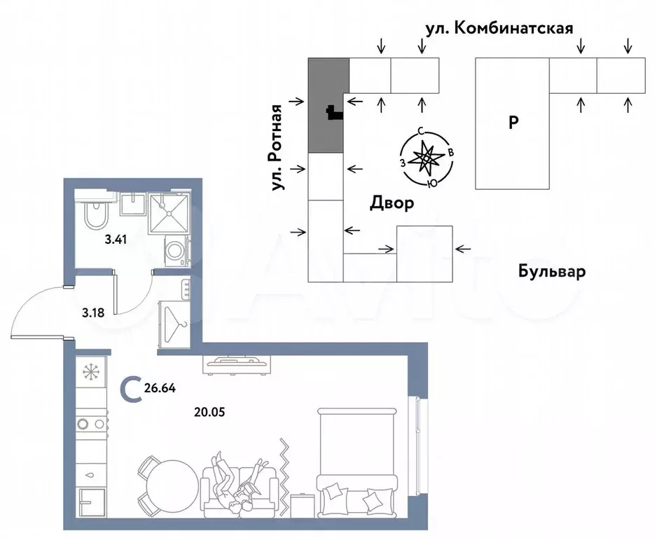 Квартира-студия, 26,6 м, 3/21 эт. - Фото 0