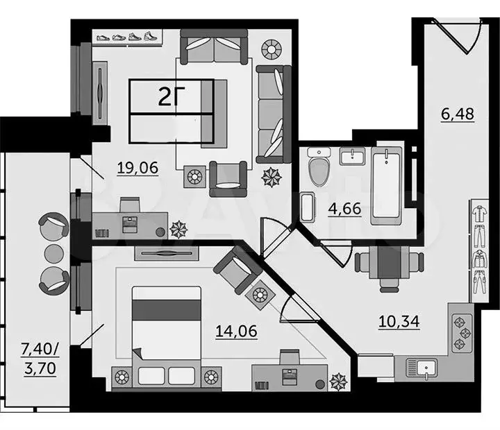 2-к. квартира, 58,3м, 17/24эт. - Фото 1