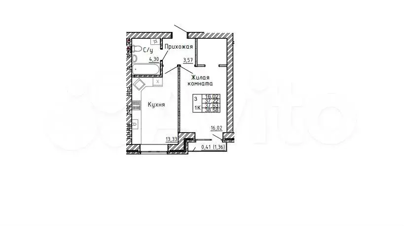 1-к. квартира, 37,6м, 1/4эт. - Фото 1