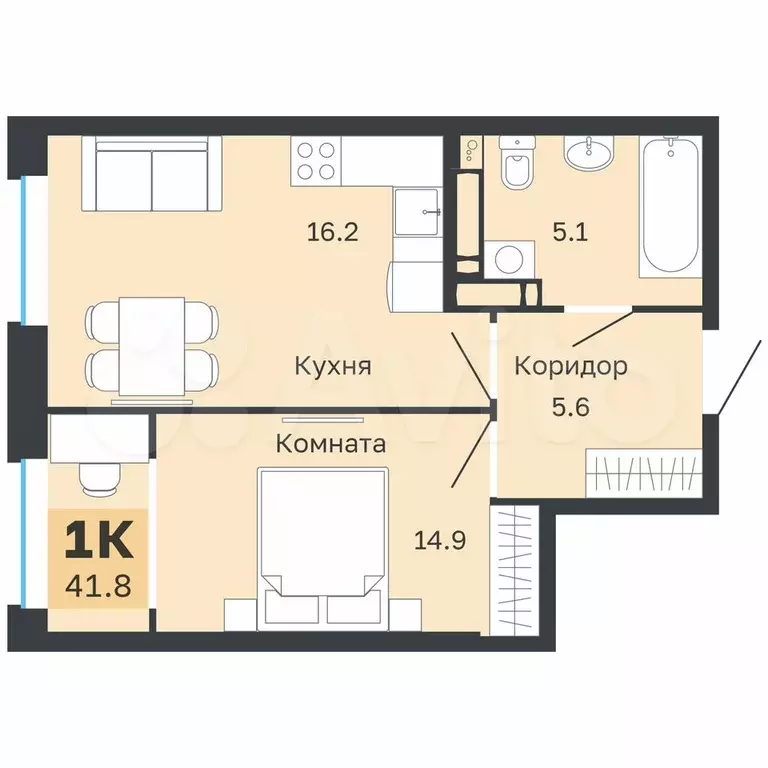 1-к. квартира, 41,8 м, 14/18 эт. - Фото 0