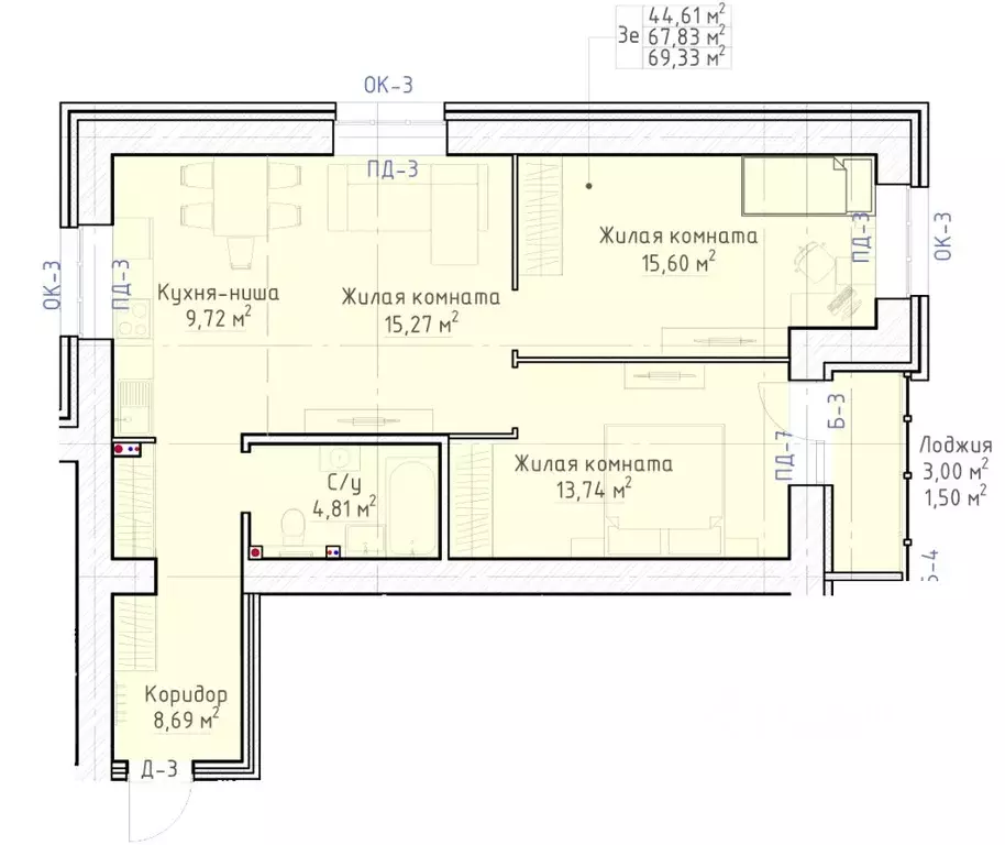 3-к кв. Кировская область, Киров Красный Химик мкр,  (69.33 м) - Фото 0