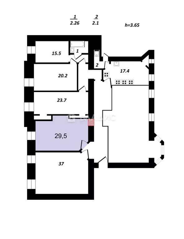 2к в 5-комнатной квартире (14.75 м) - Фото 0