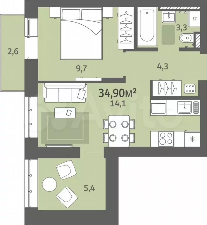 1-к. квартира, 34,9 м, 6/9 эт. - Фото 0