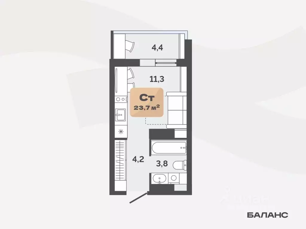 Студия Тюменская область, Тюмень ул. Республики, 204к20 (21.5 м) - Фото 0