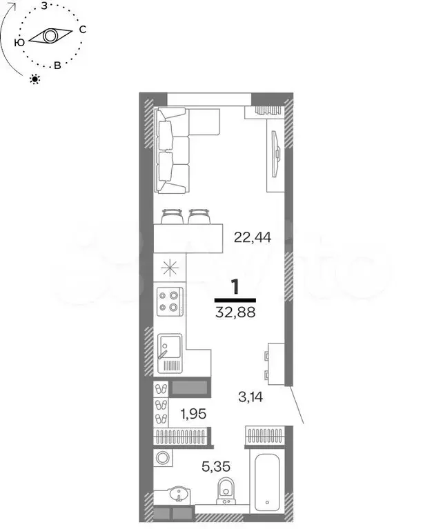 1-к. квартира, 32,9 м, 13/25 эт. - Фото 0