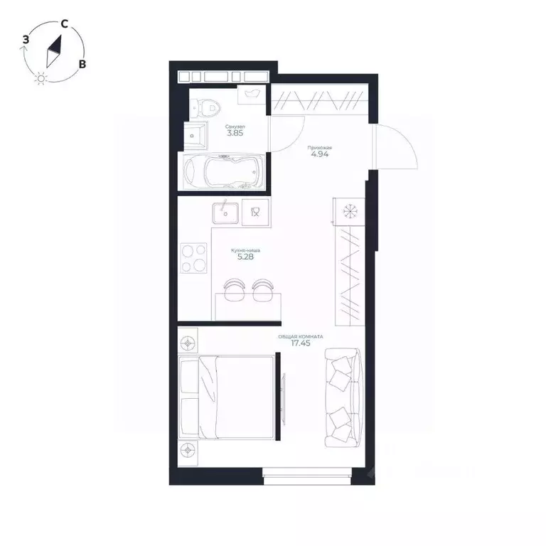 Студия Приморский край, Владивосток Каскада жилой комплекс (31.52 м) - Фото 1