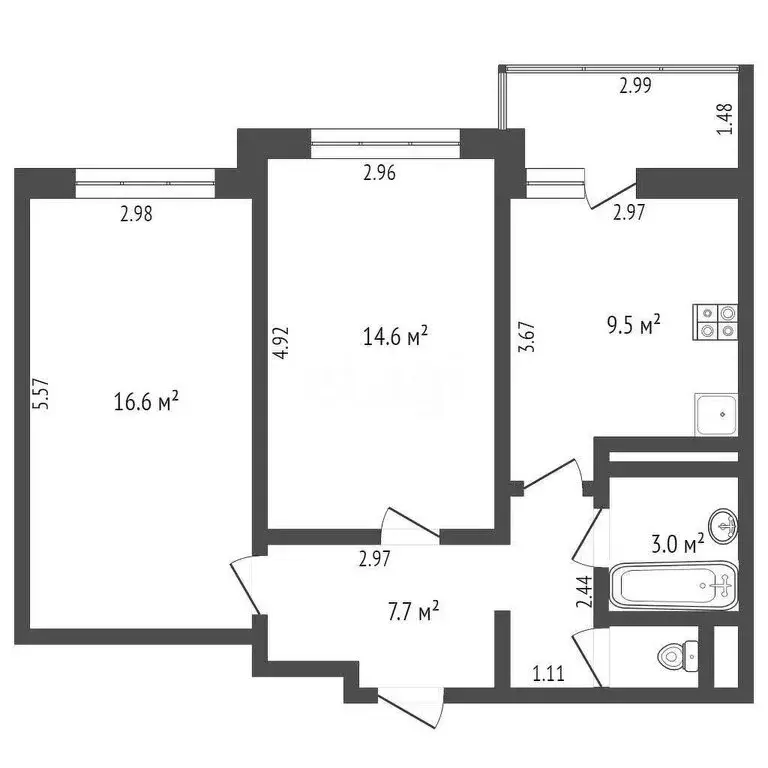 2-комнатная квартира: Тюмень, улица Николая Фёдорова, 17 (52.8 м) - Фото 2