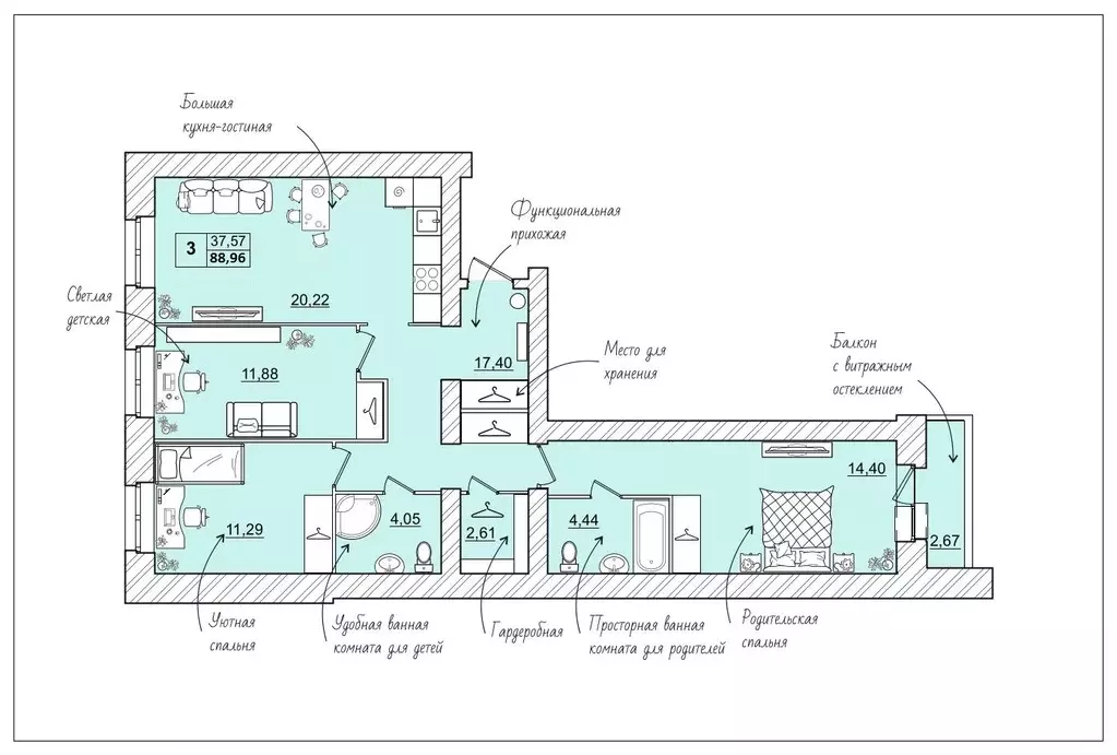 3-к квартира, 88.96 м - Фото 0
