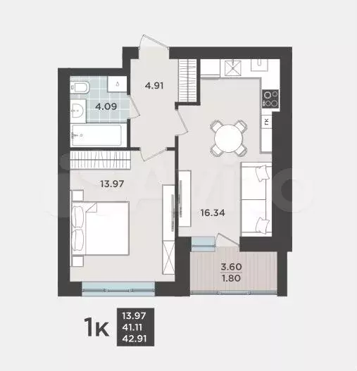 1-к. квартира, 41,1 м, 3/9 эт. - Фото 1