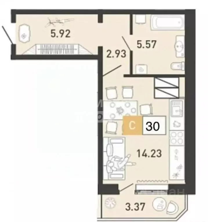 Студия Тюменская область, Тюмень ул. Монтажников, 42Б (30.0 м) - Фото 1