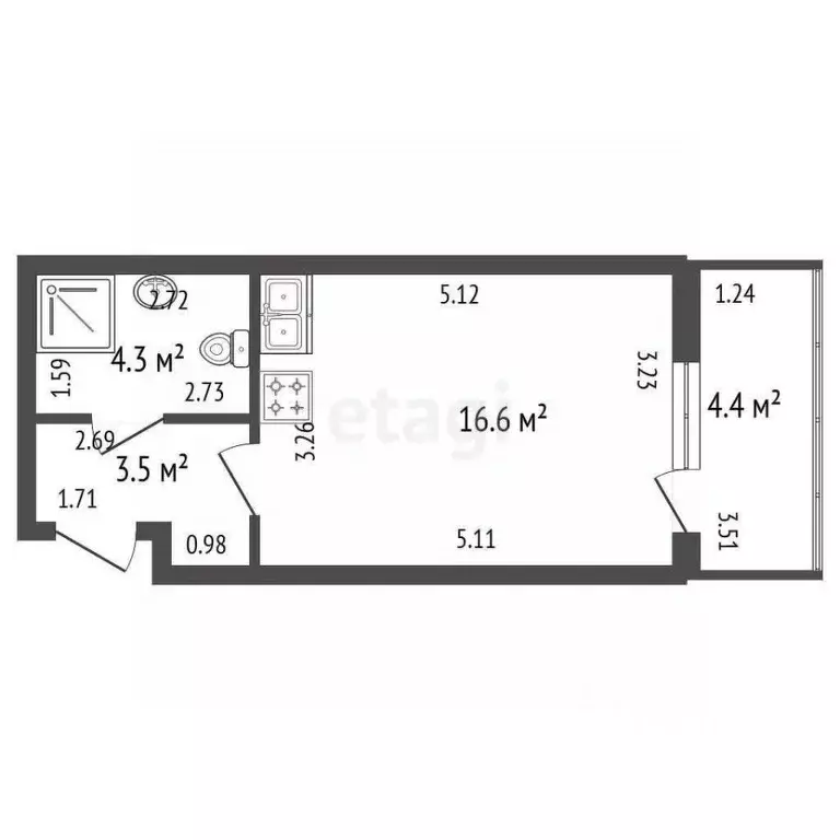 Студия Санкт-Петербург аллея Арцеуловская, 9 (24.4 м) - Фото 1