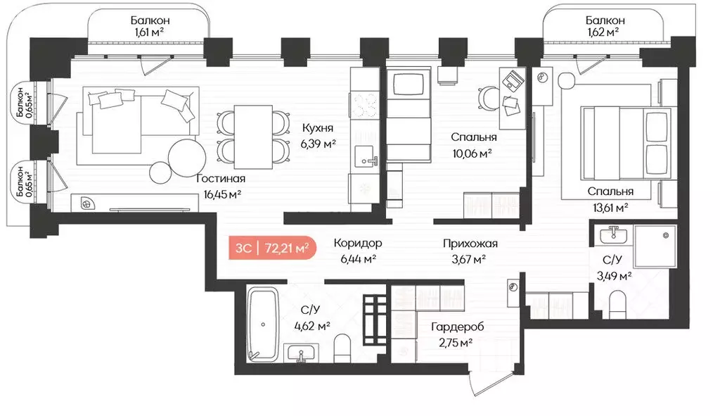 3-комнатная квартира: Новосибирск, Ленинградская улица, 342 (72.21 м) - Фото 1