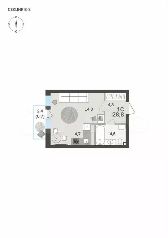 Квартира-студия, 28,8 м, 2/6 эт. - Фото 0